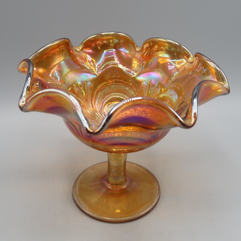 Vintage Marigold Carnival Footed Compote Ruffled Rim iridescent shimmer Orange
